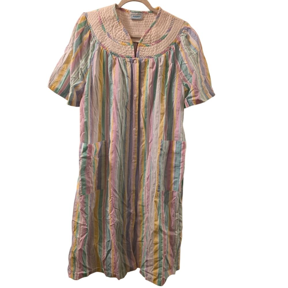 Vtg National House Lounge Dress Stripped Trad Wife Snap Front Gown Size L